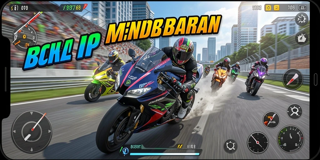 Tampilan seru gameplay balapan motor dalam 8768.