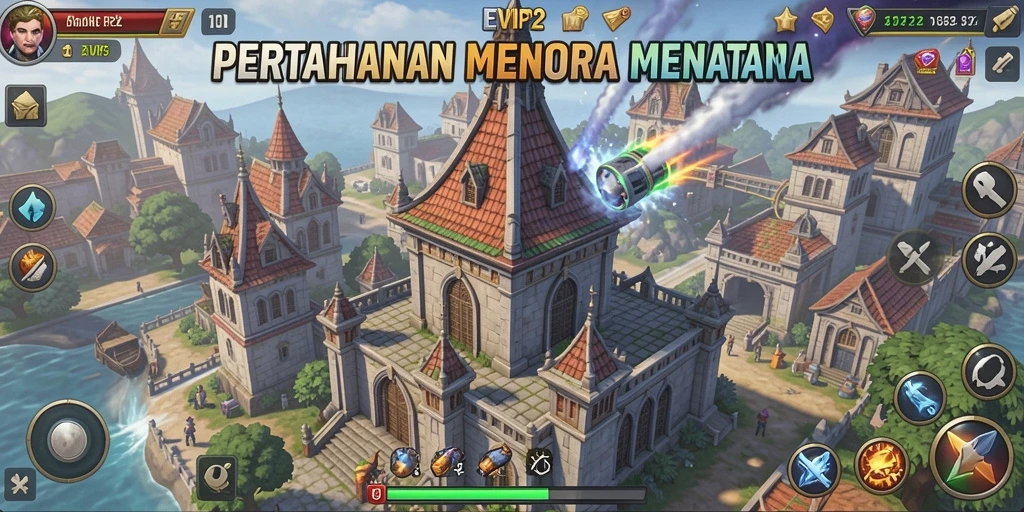 Tangkapan layar dari gameplay seru EVIP2 yang menampilkan menara pertahanan.