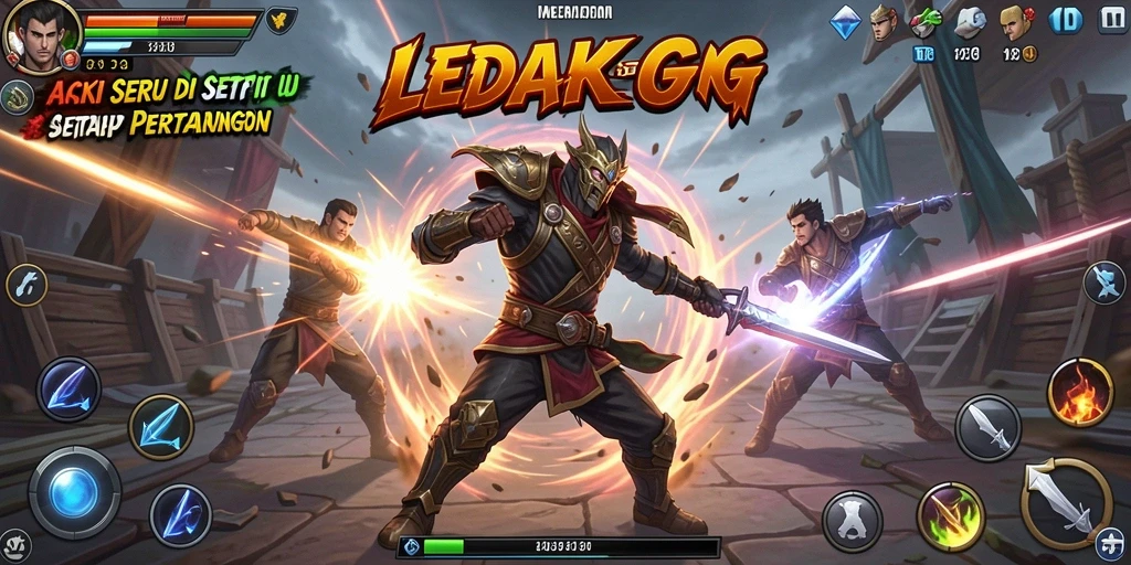 Tampilan seru gameplay LEDAKGG dengan pertarungan intens.