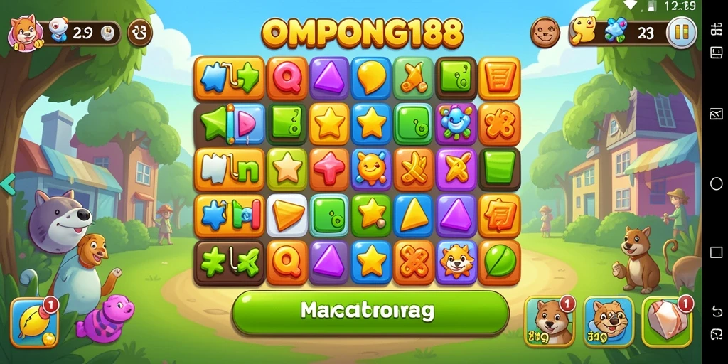 Screenshot gameplay OMPONG188 menunjukkan pertandingan batu permata yang dinamis dan penuh warna.