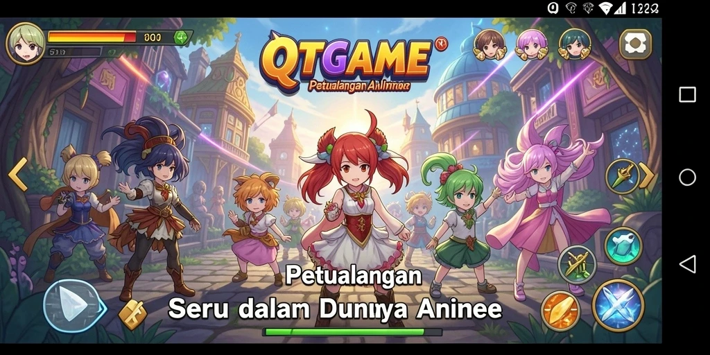 Tampilan gameplay QTGAME yang penuh aksi dan karakter anime menarik.