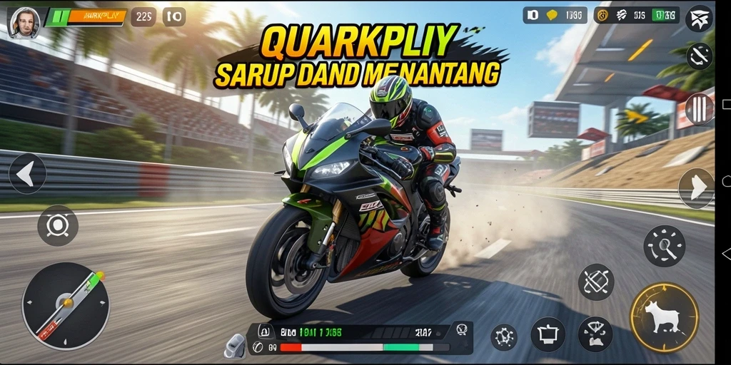Tampilan gameplay seru dalam QUARKPLAY dengan motor balap yang menggetarkan.